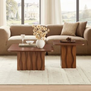 2PCS Nesting Square Coffee Table Set with Wavy Fluted Base