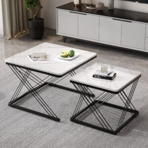 Stylish 2-Piece Square Coffee Table Set Marble Look