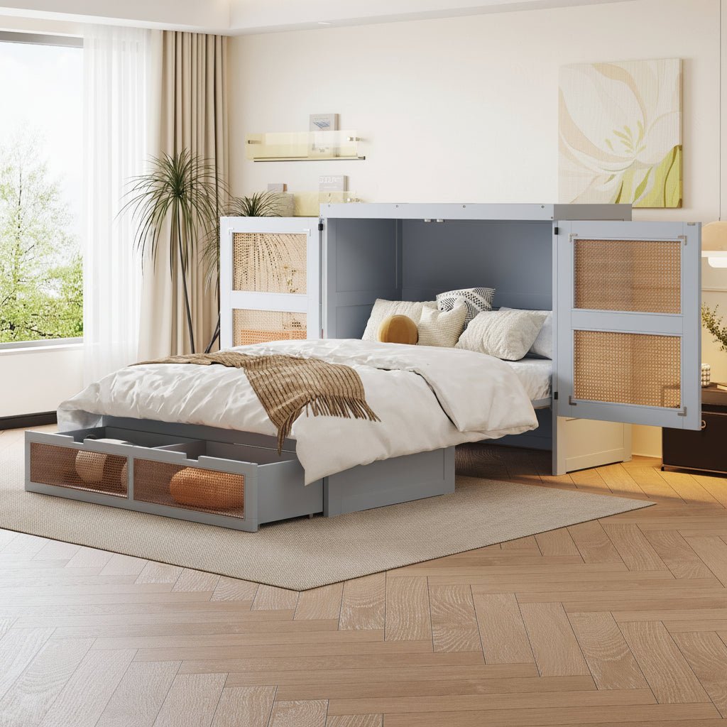 Cabinet Bed 140 × 200 cm with Rattan Storage Drawers