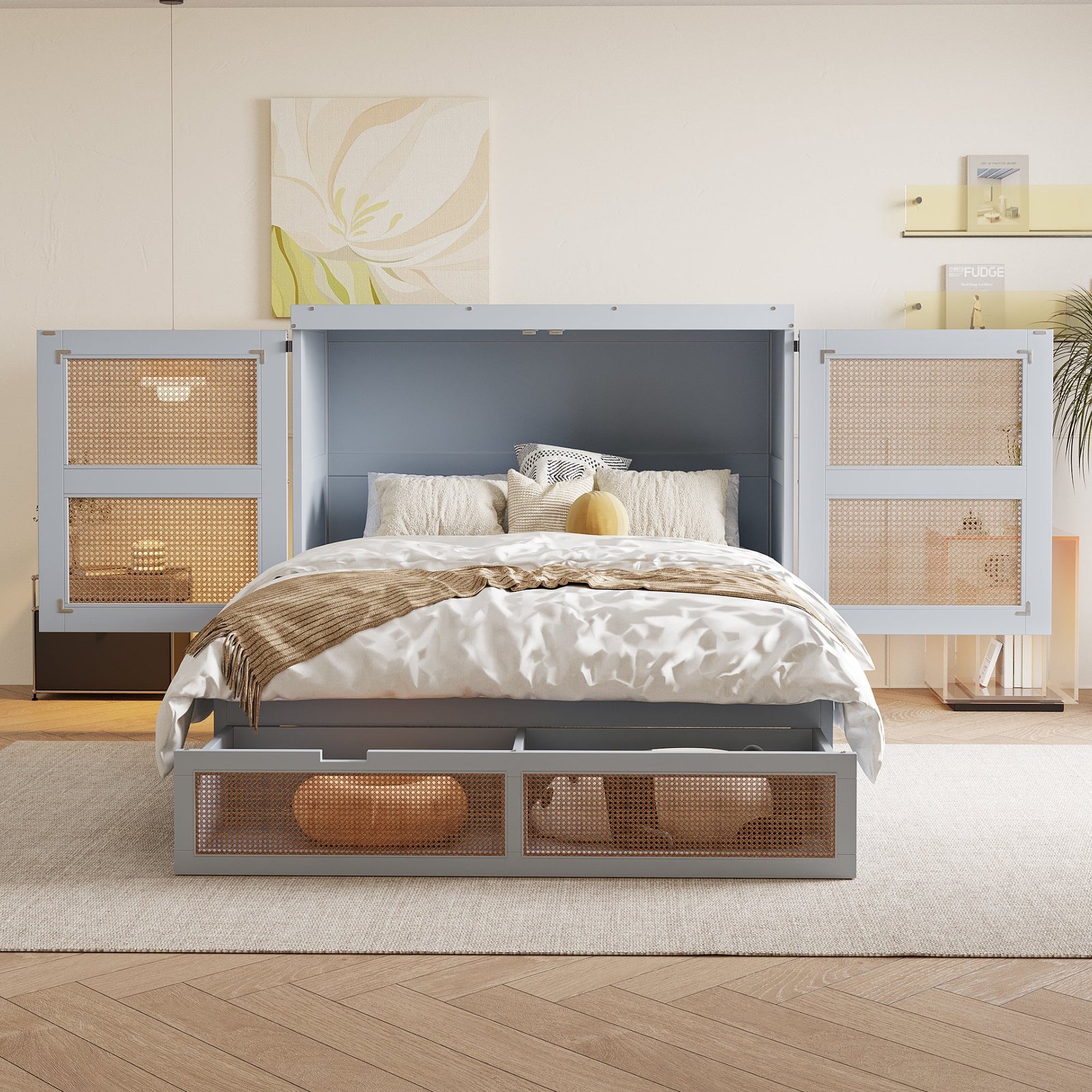 Cabinet Bed 140 × 200 cm with Rattan Storage Drawers - Image 2
