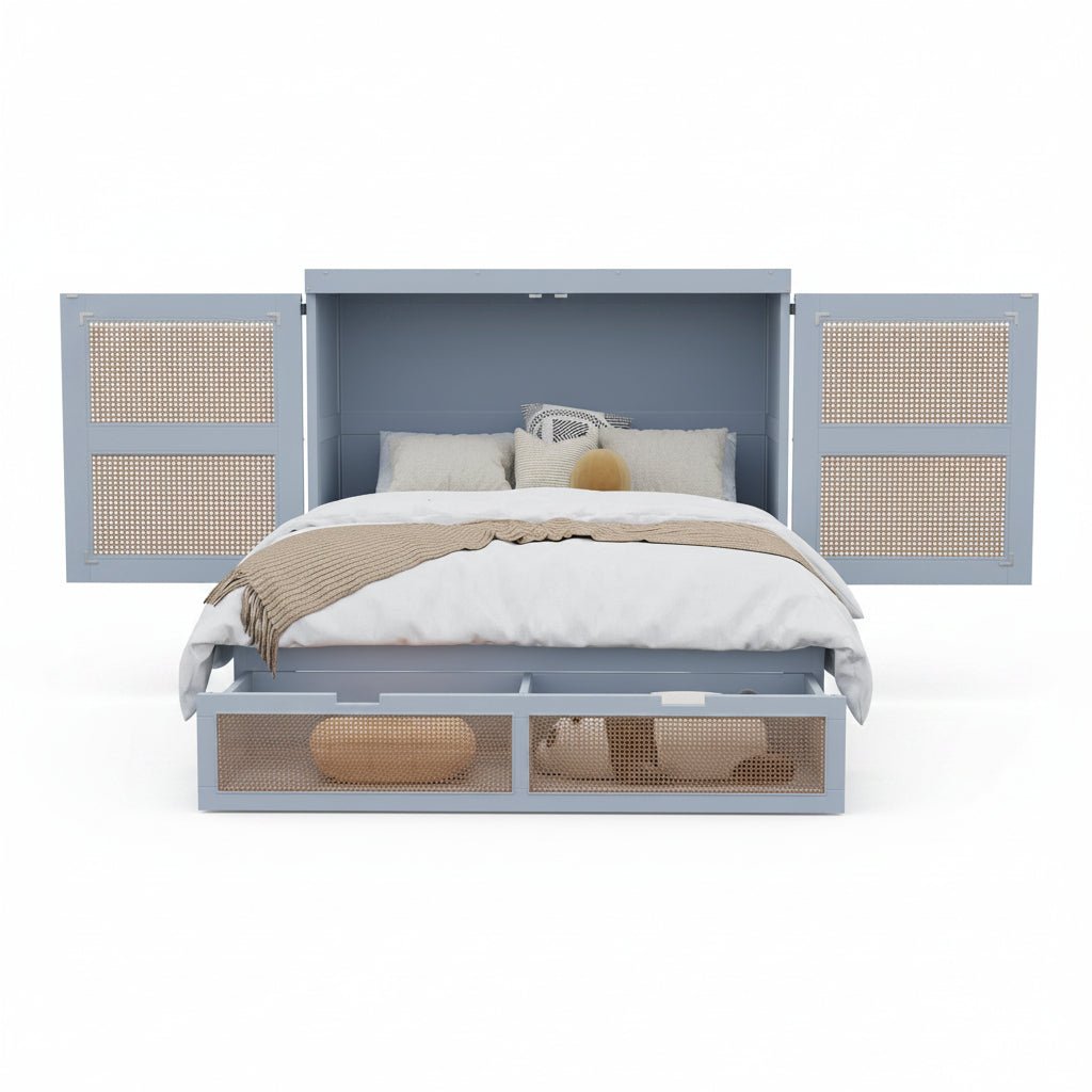 Cabinet Bed 140 × 200 cm with Rattan Storage Drawers - Image 3
