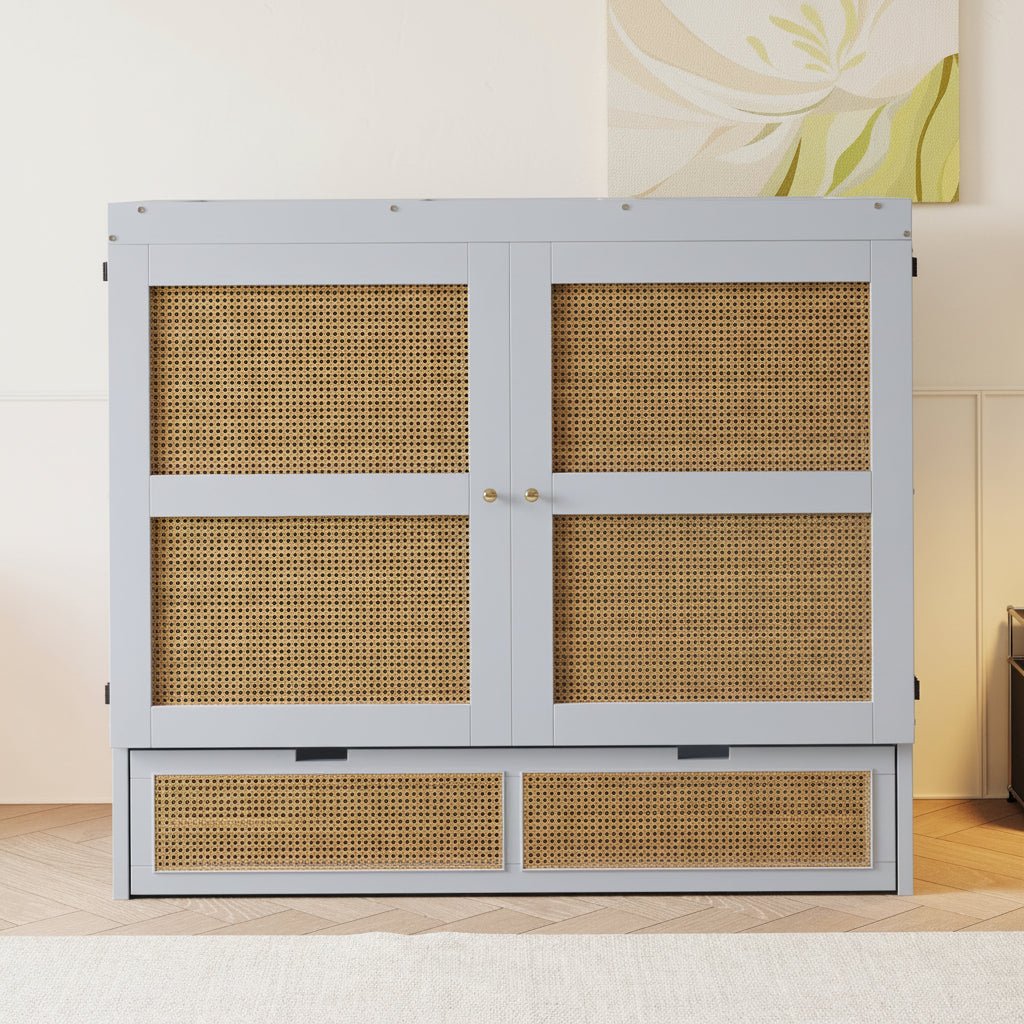 Cabinet Bed 140 × 200 cm with Rattan Storage Drawers - Image 4