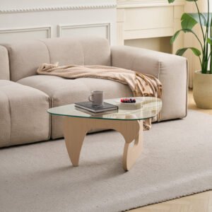 Glass Coffee Table with Walnut Brown Mid-Century Wood Base