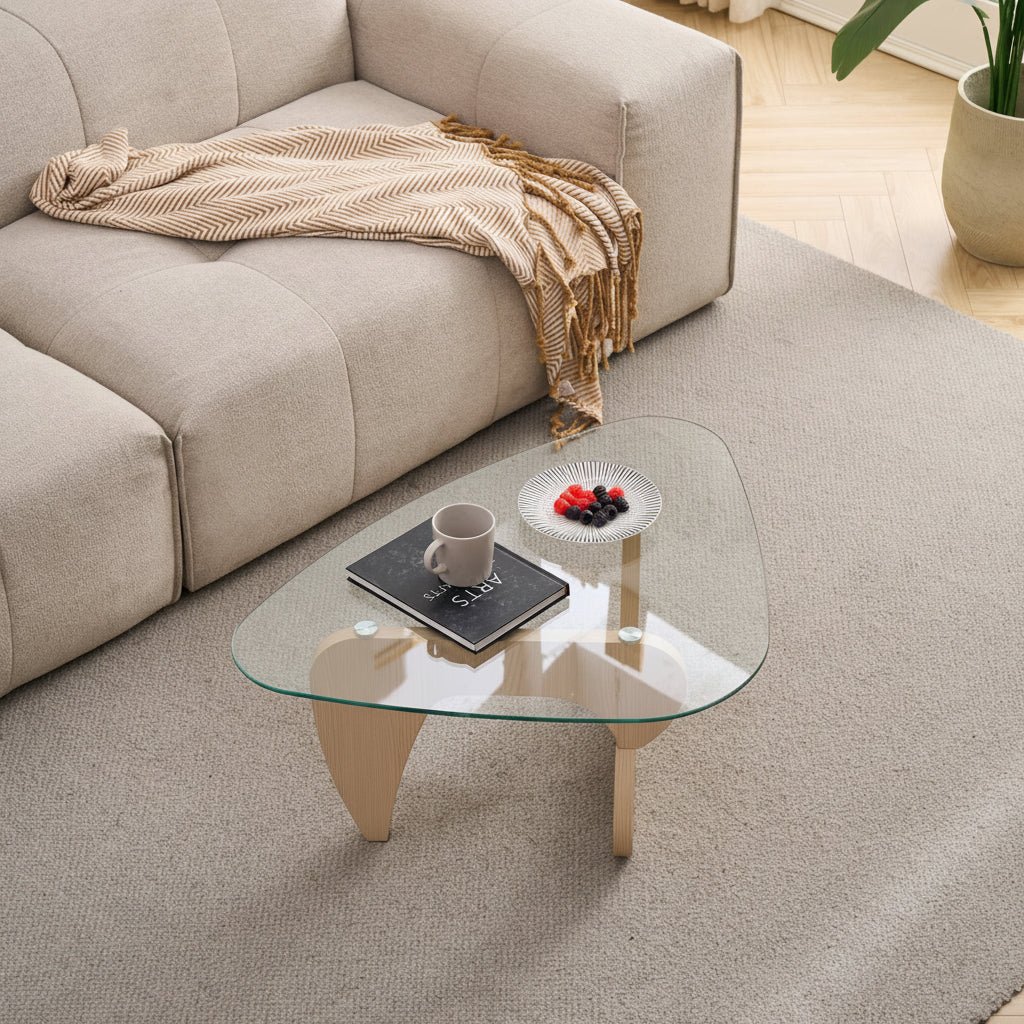 Glass Coffee Table with Walnut Brown Mid-Century Wood Base - Image 4