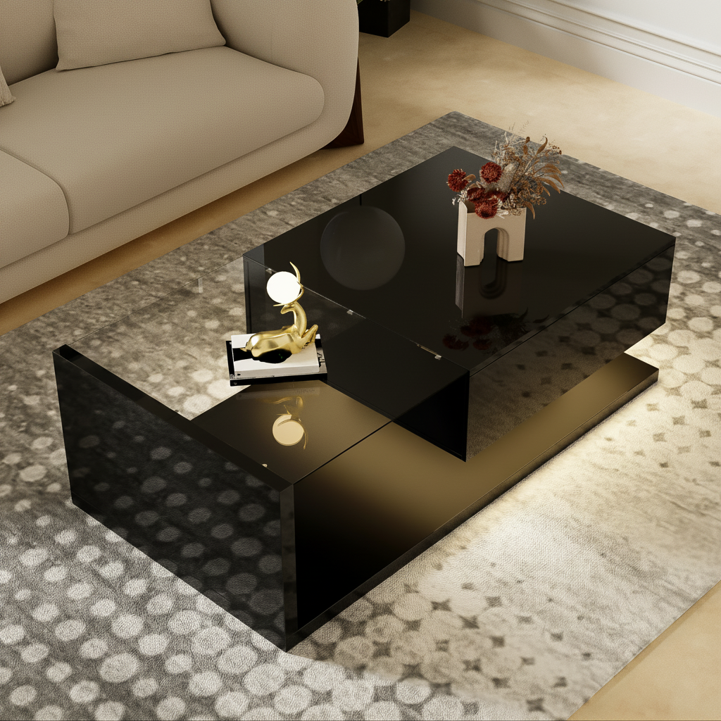 High-Gloss Black Coffee Table with Glass LED Lighting - Image 2