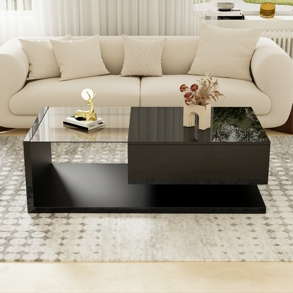 High-Gloss Black Coffee Table with Glass LED Lighting - Image 3