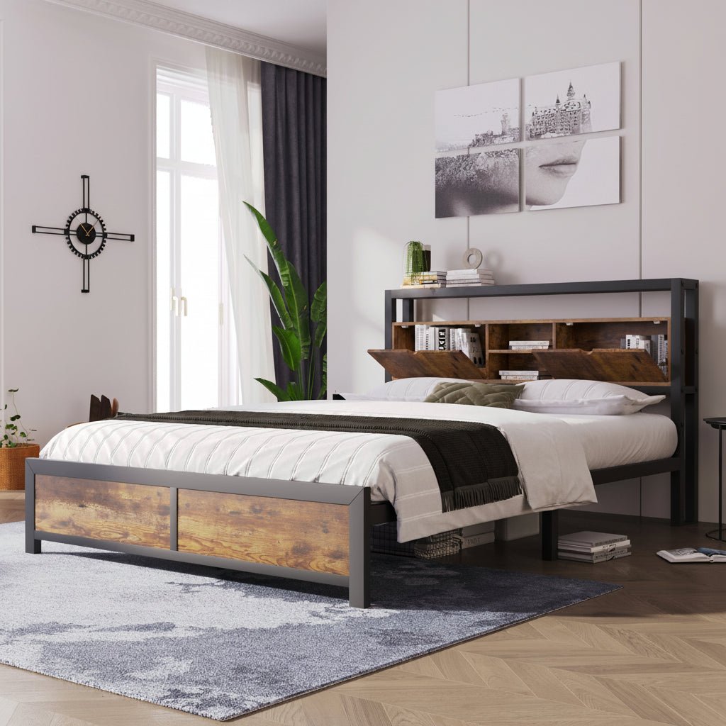 Metal Bed 140 × 200 cm with Storage Headboard Frame - Image 2