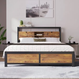 Metal Bed 140 × 200 cm with Storage Headboard Frame