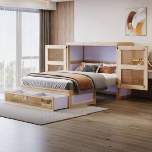 Murphy Bed 140 × 200 cm with Rattan Storage Drawers