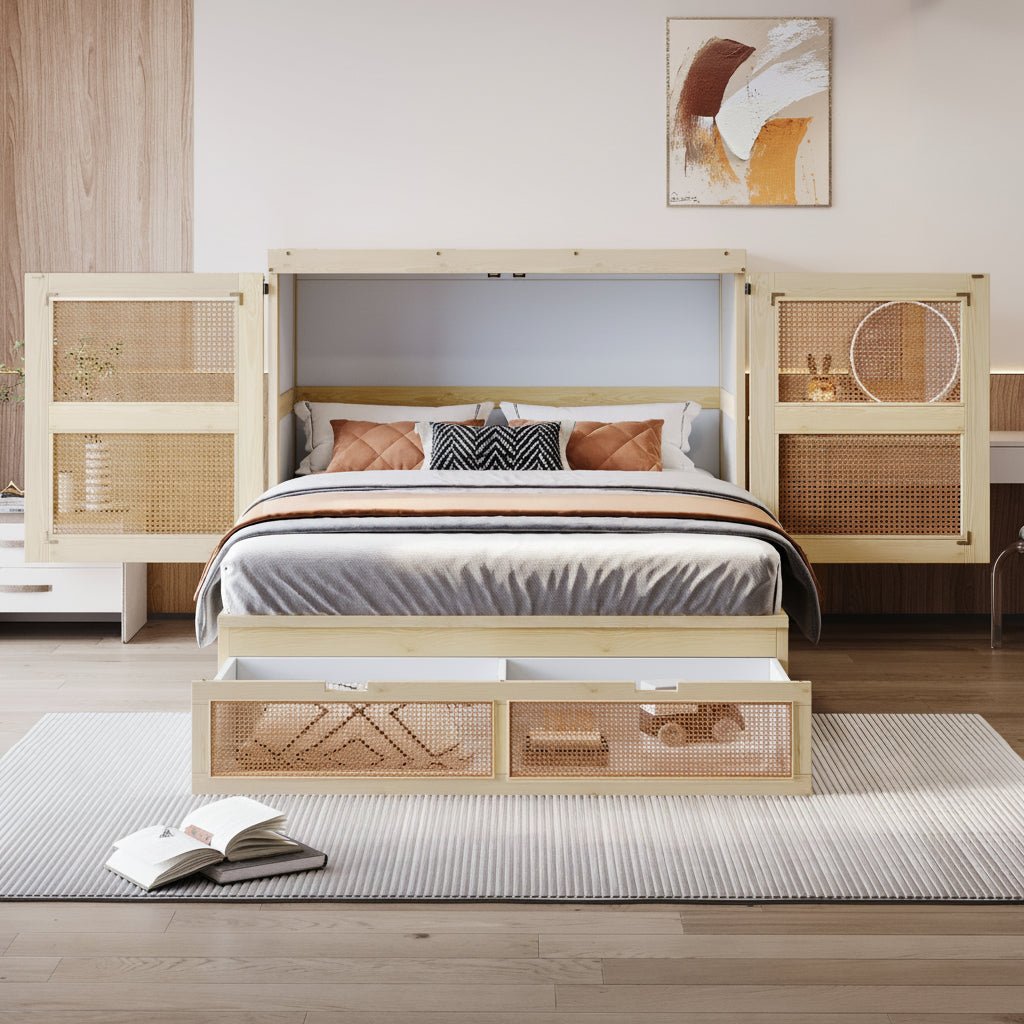 Murphy Bed 140 × 200 cm with Rattan Storage Drawers - Image 2