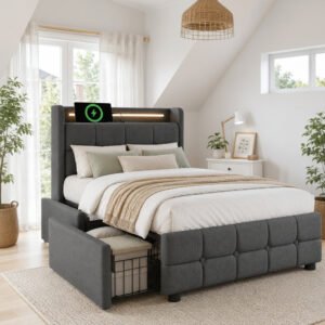 Upholstered Bed with USB Charging, LED Headboard